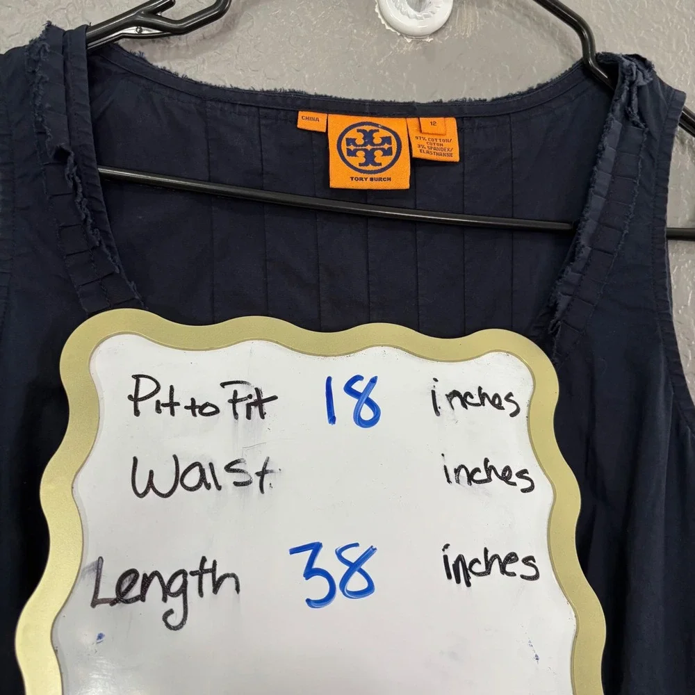 *FLAW* Tory Burch Navy Blue Ruffle Trim Pintuck Sleeveless Dress Size 12 Cotton